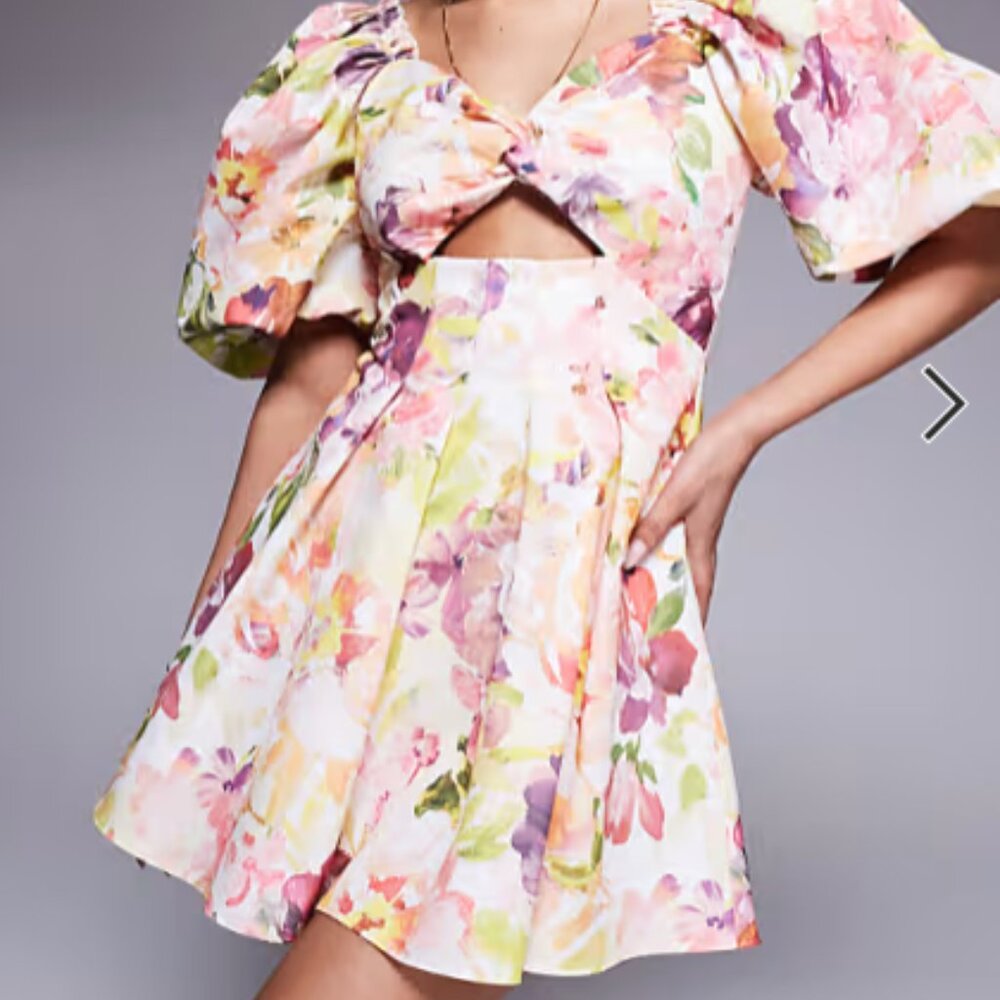 ASOS LUXE printed twisted front puff sleeve skater dress in floral